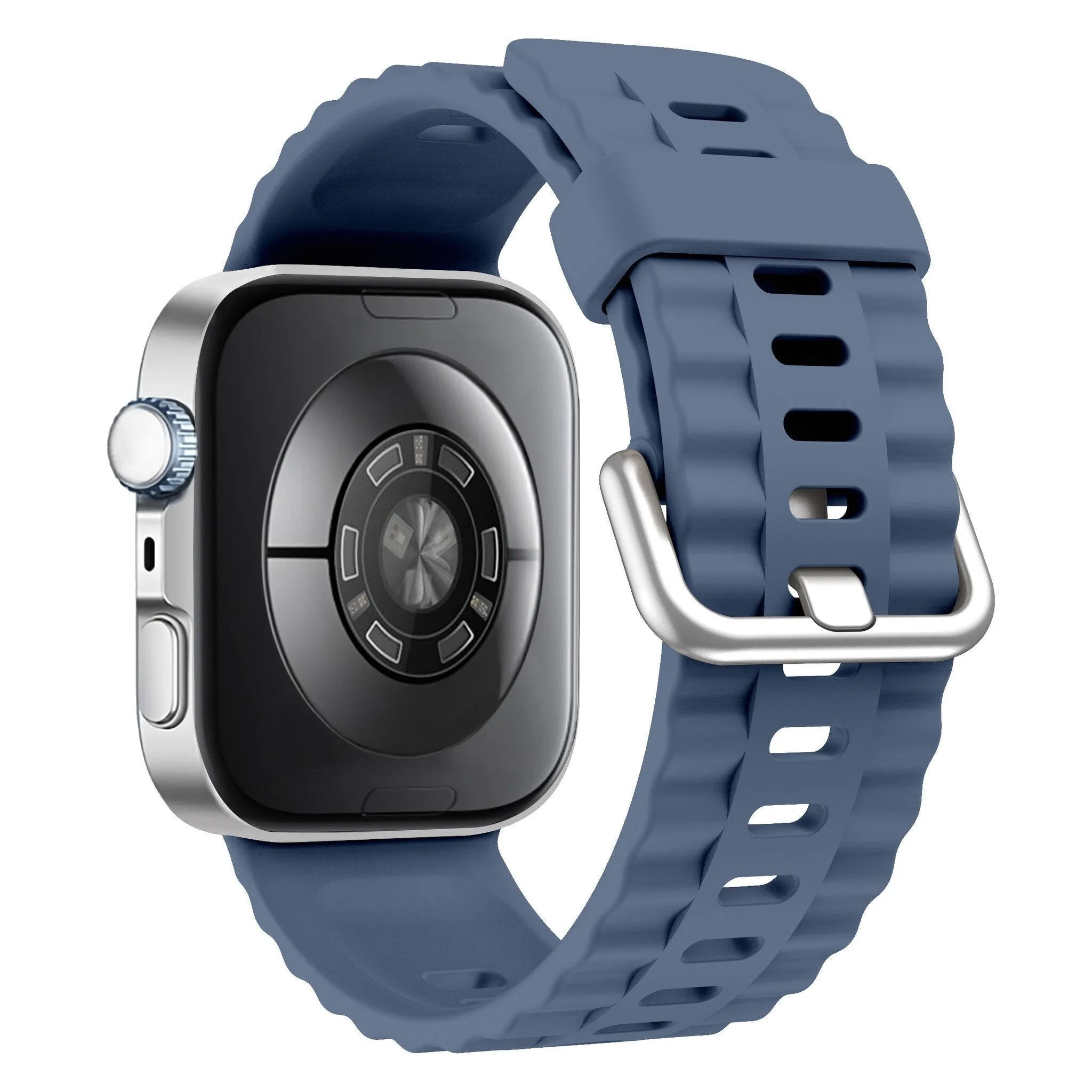 Silicone Classic Strap, blue, on a watch, 3/4 rear view