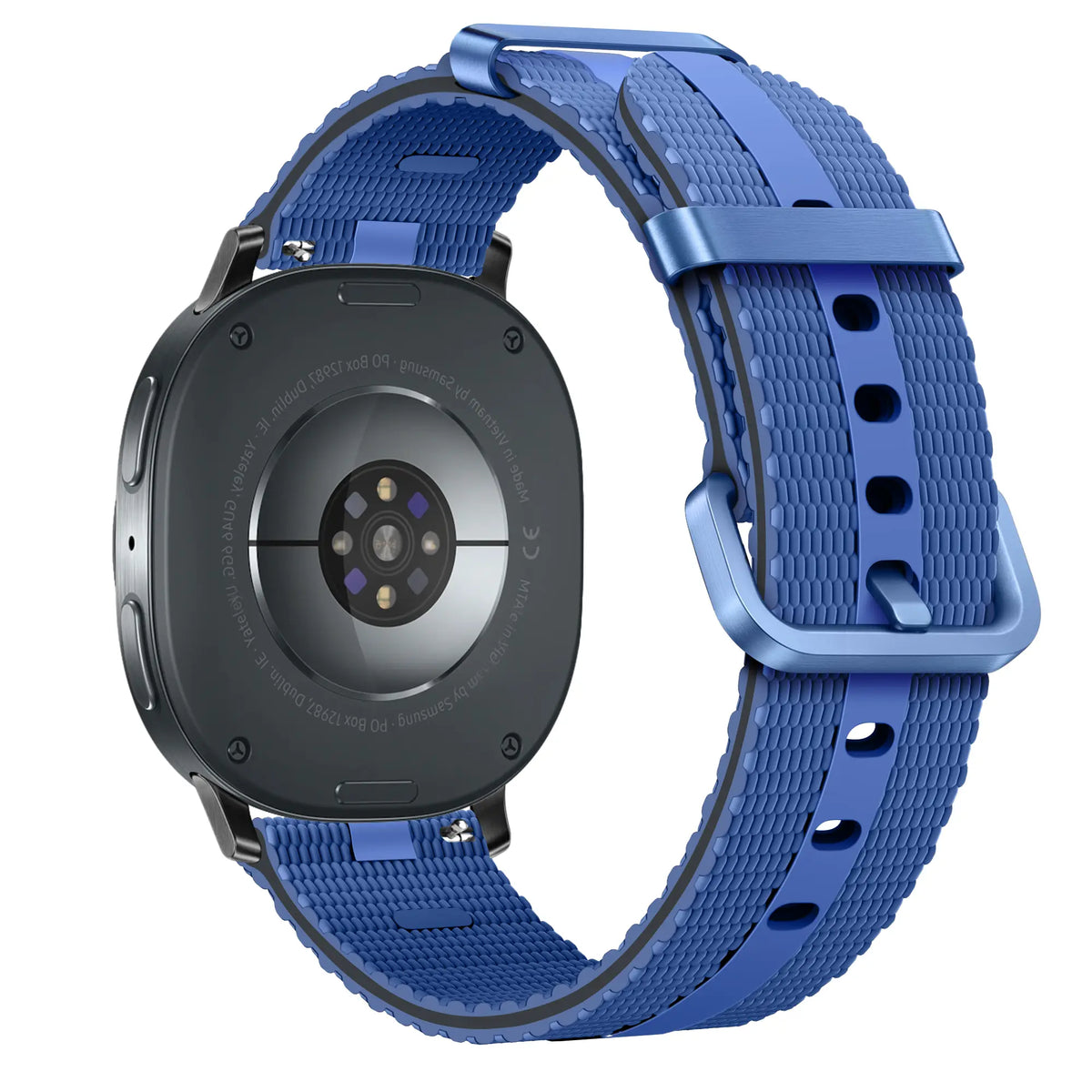 Silicone Active Strap, blue, on a watch, 3/4 rear view