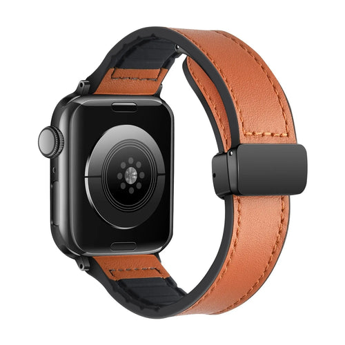 D-Buckle Leather Strap, brown, on a watch, 3/4 rear view