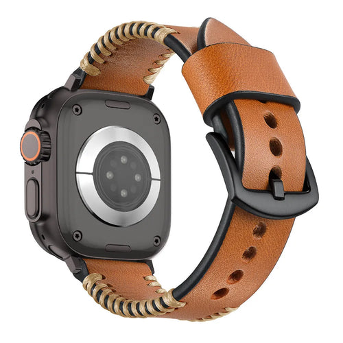 Stitched Leather Strap, brown, on a watch, 3/4 rear view