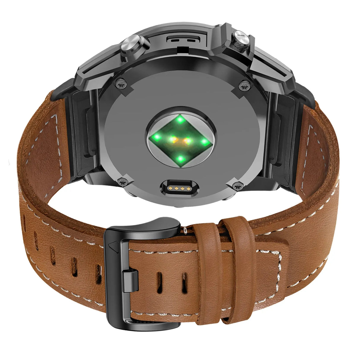 Premium Leather Strap, brown, on a watch, 3/4 rear view