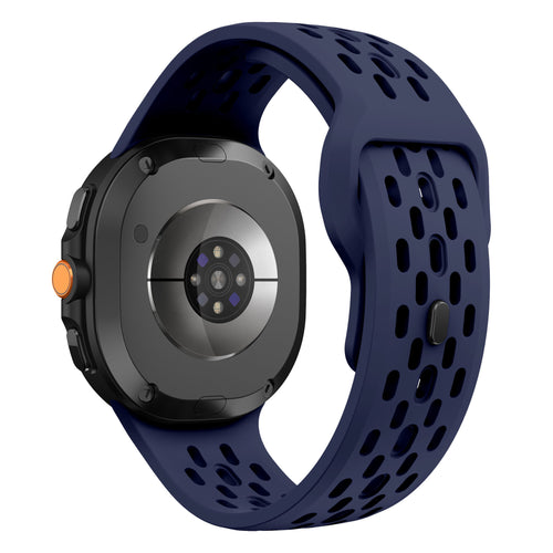 Silicone Air Strap, dark blue, on a watch, 3/4 rear view