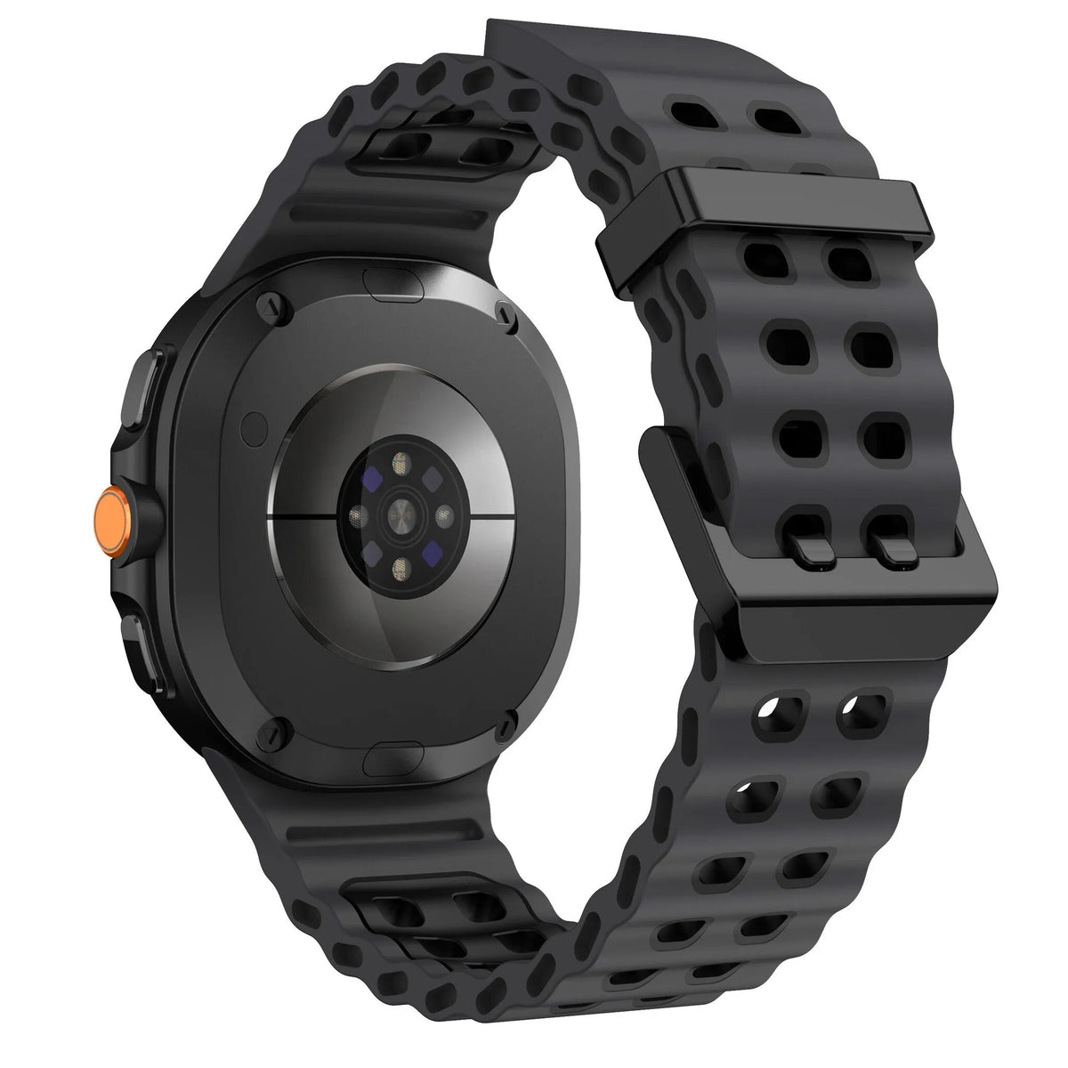 Silicone Ocean Strap, dark grey/black, on a watch, 3/4 rear view