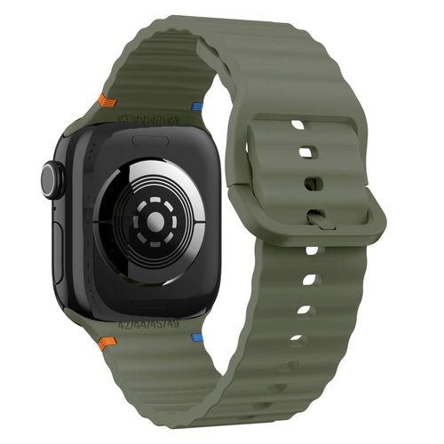 Wave Silicone Strap, dark green, on a watch, 3/4 rear view