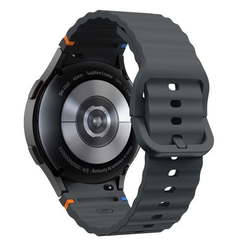 Wave Silicone Strap, graphite, on a watch, 3/4 rear view
