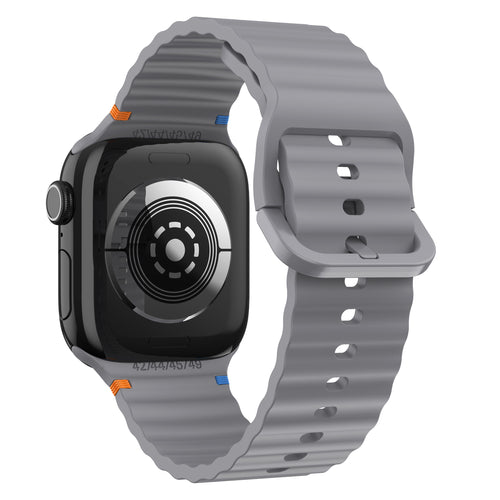 Wave Silicone Strap, dark grey, on a watch, 3/4 rear view