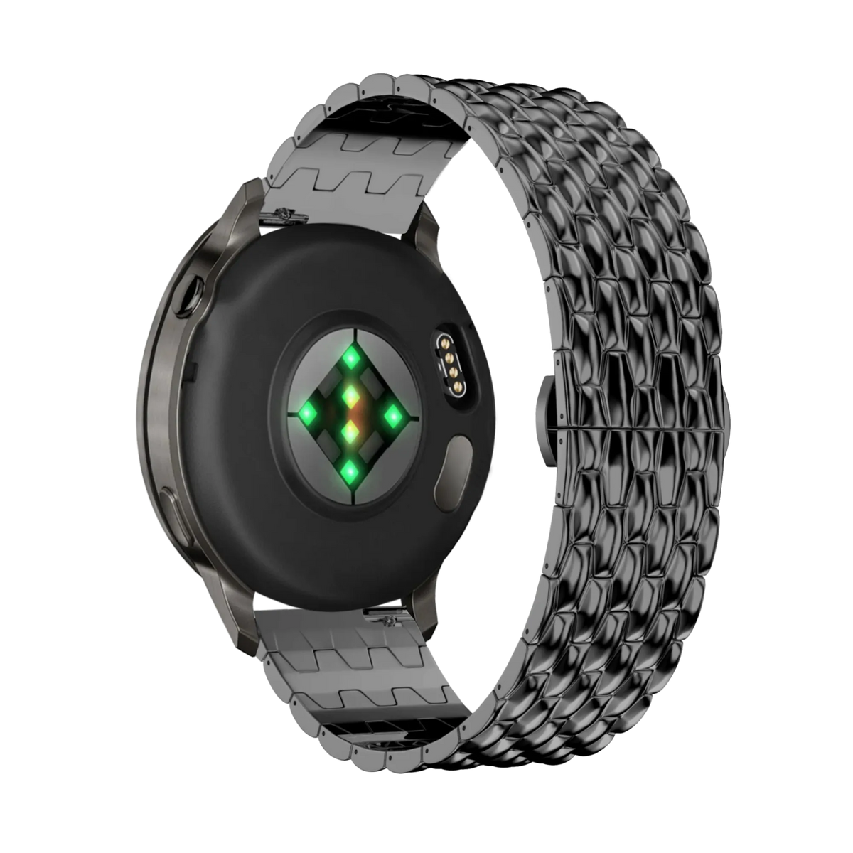 Steel Strap 'Dragon', black, on a watch, 3/4 rear view