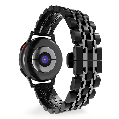 Steel Link Strap 'Duo', black/silver, on a watch, 3/4 rear view