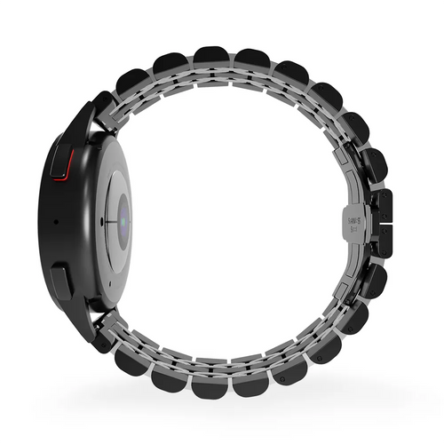 Steel Link Strap 'Duo', black/silver, on a watch, 3/4 rear view