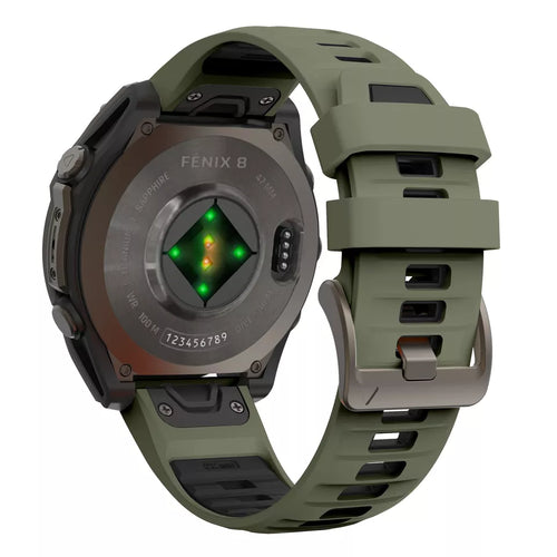 Silicone Sport Buckle Strap, olive green/black, on a watch, 3/4 rear view