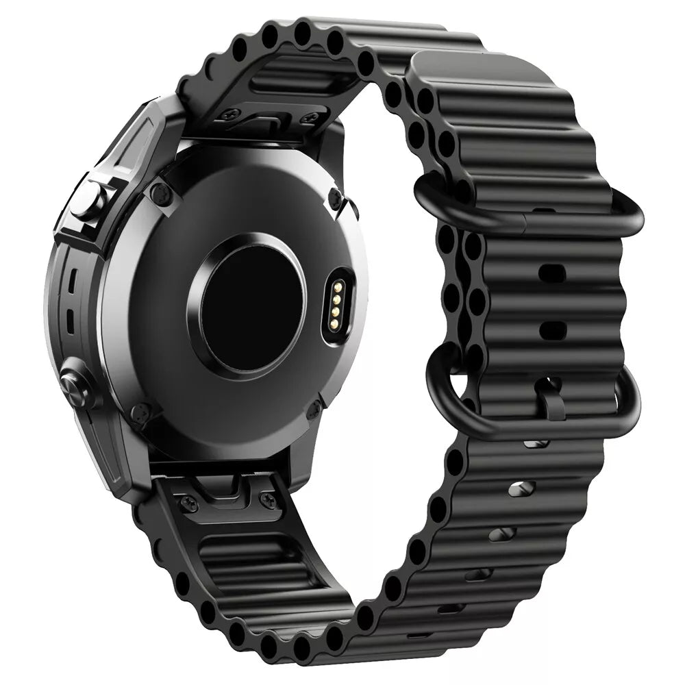 Silicone Ocean Strap, black, on a watch, 3/4 rear view