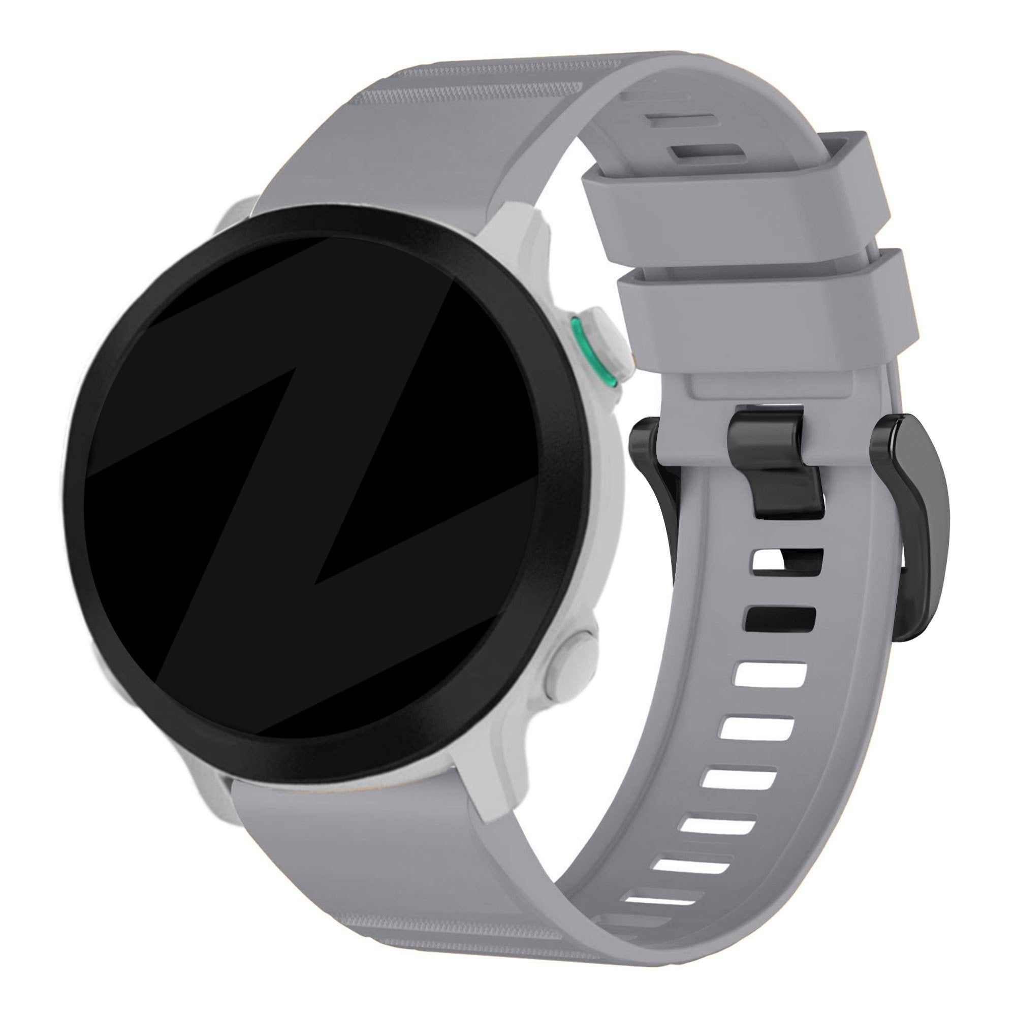 Buckled Silicone Strap, grey, on a watch, 3/4 rear view