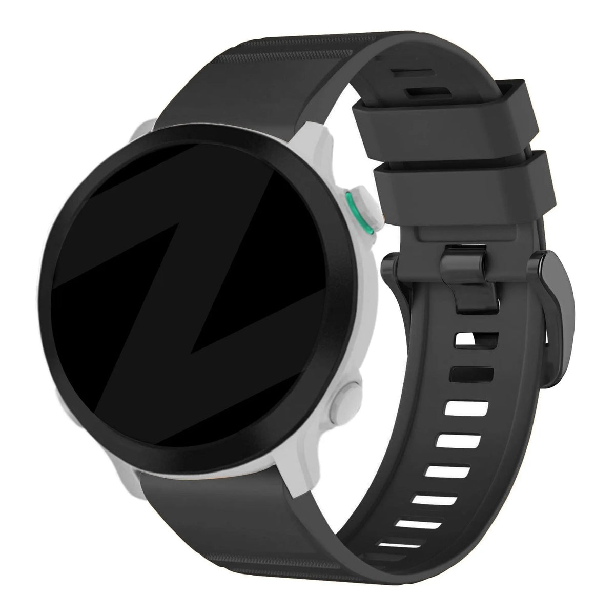 Buckled Silicone Strap, black, on a watch, 3/4 rear view