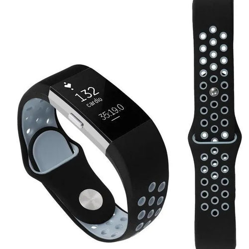 Silicone Sport Strap, black/grey, on a watch, 3/4 rear view