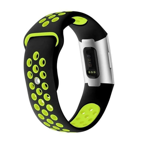 Silicone Sport Strap, black/yellow, on a watch, 3/4 rear view