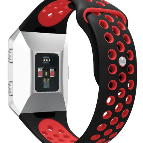 Silicone Sport Strap, black/red, on a watch, 3/4 rear view