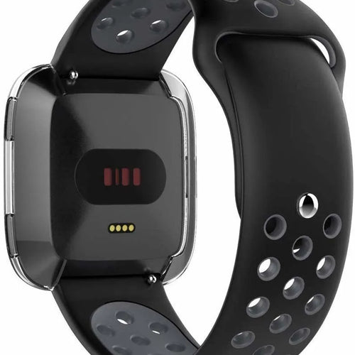 Silicone Sport Strap, black/grey, on a watch, 3/4 rear view
