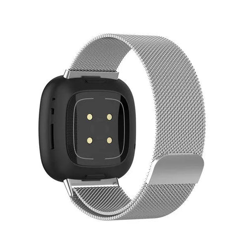 Milanese Strap, silver, on a watch, 3/4 rear view