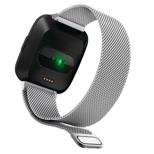 Milanese Strap, silver, on a watch, 3/4 rear view