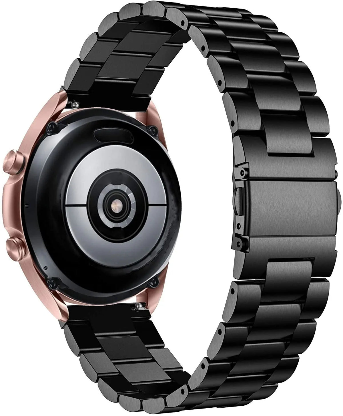 Steel Strap, black, on a watch, 3/4 rear view