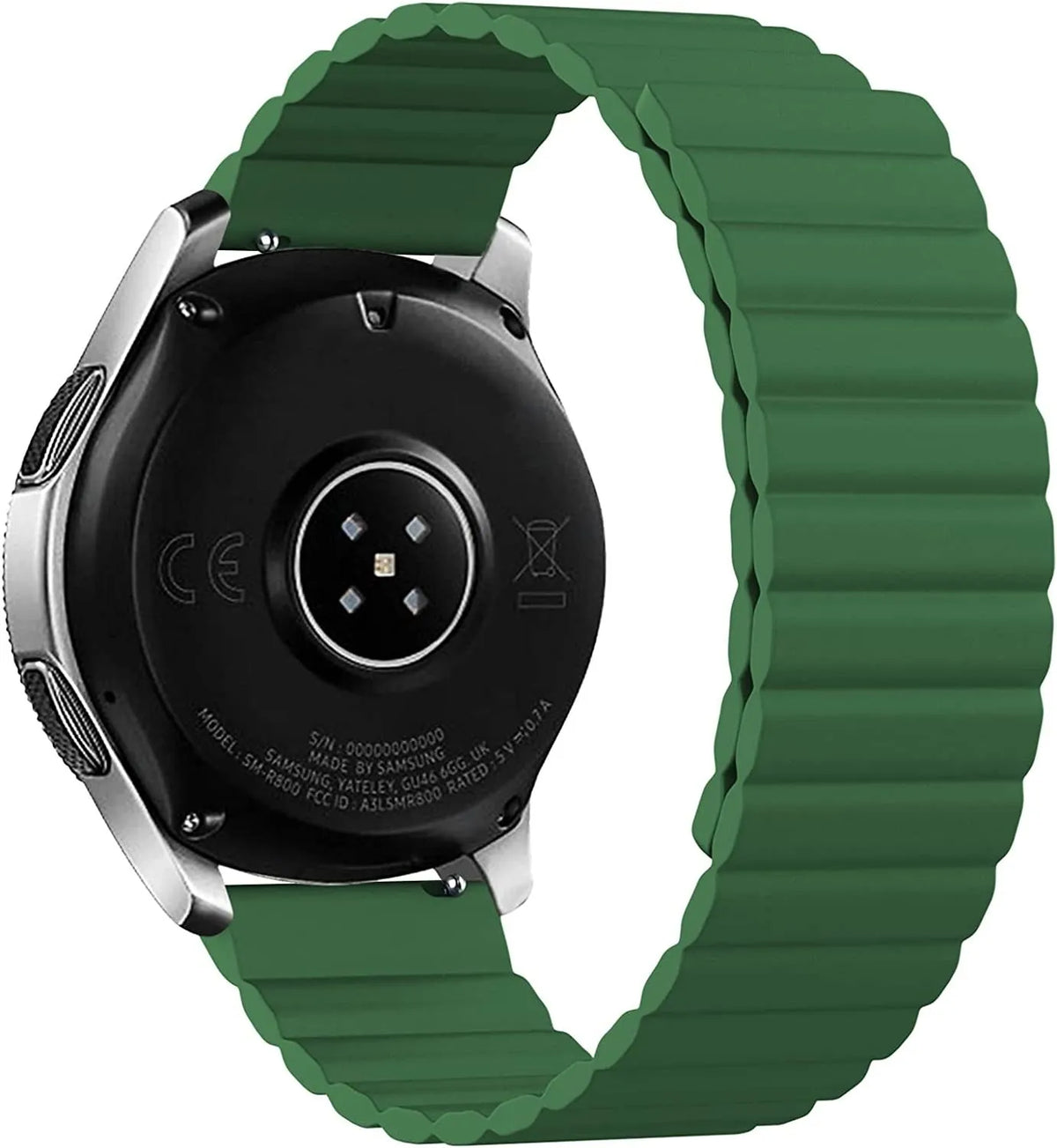 Magnetic Silicone Strap, green, on a watch, 3/4 rear view