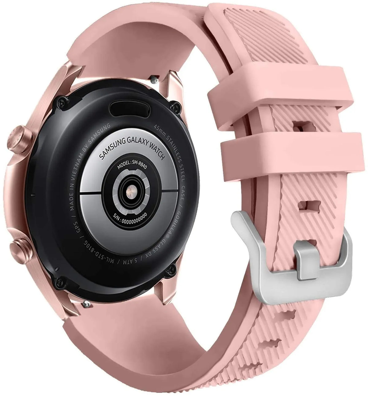 Twill Silicone Strap, pink, on a watch, 3/4 rear view