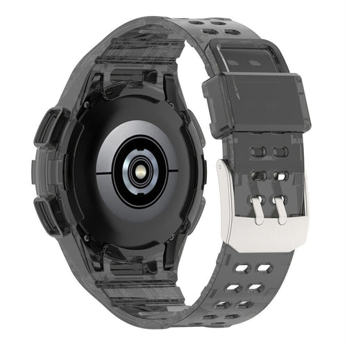 Silicone Strap with Frame, transparent black, on a watch, 3/4 rear view