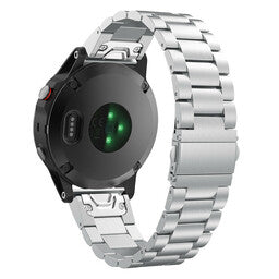 Steel Strap, silver, on a watch, 3/4 rear view