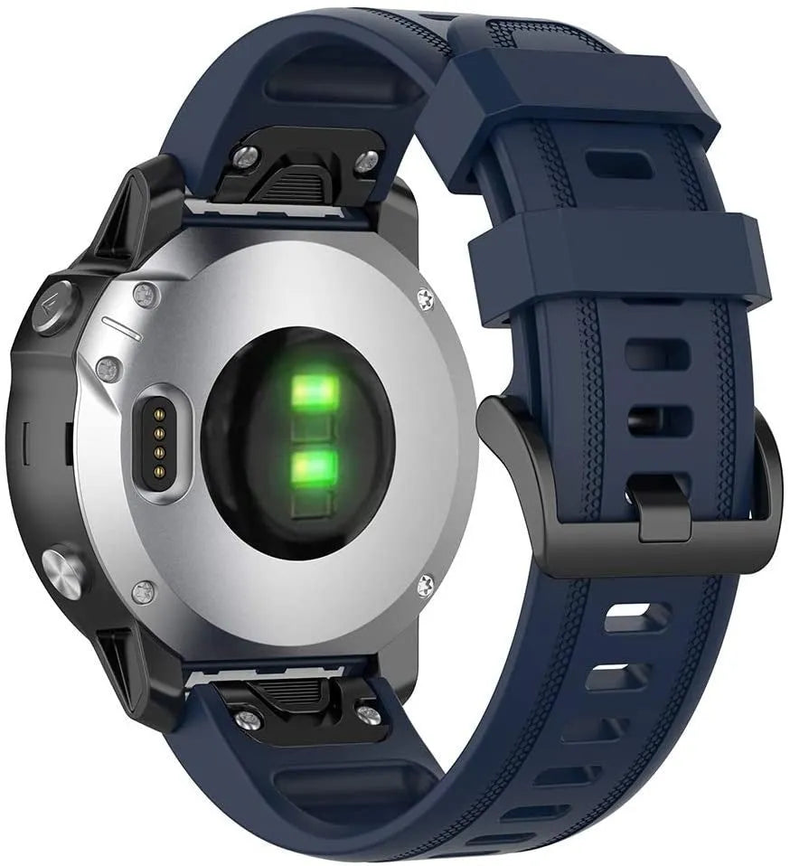 Silicone Strap, dark blue, on a watch, 3/4 rear view