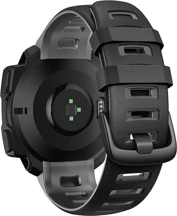 Silicone Sport Strap, black/grey, on a watch, 3/4 rear view