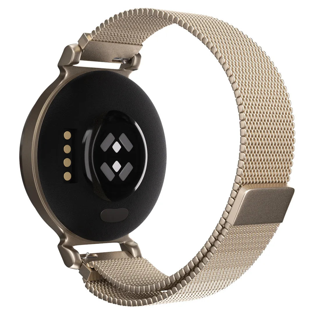 Milanese Strap, champagne, on a watch, 3/4 rear view