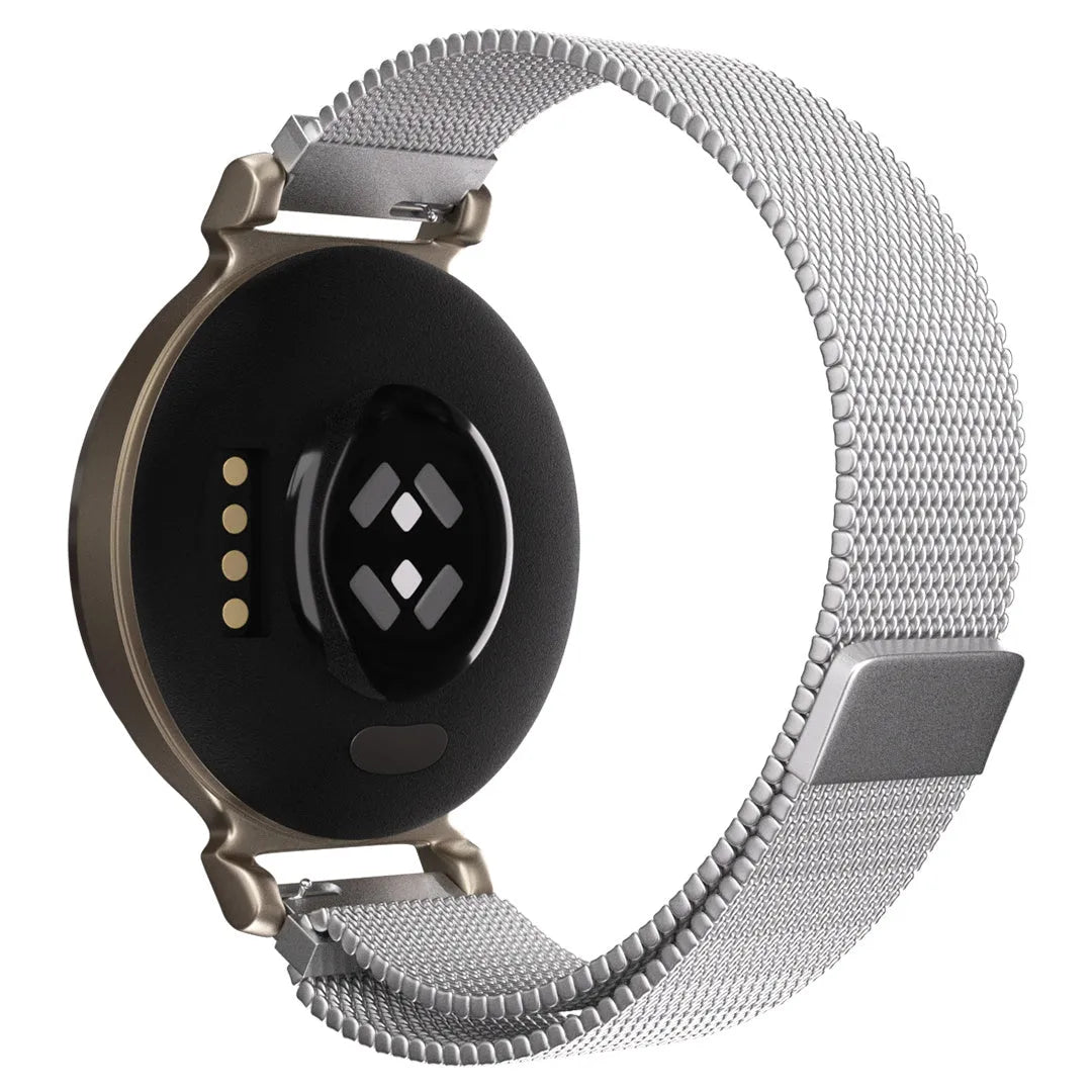 Milanese Strap, silver, on a watch, 3/4 rear view