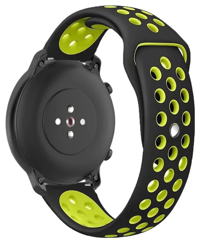 Silicone Sport Strap, black/yellow, on a watch, 3/4 rear view