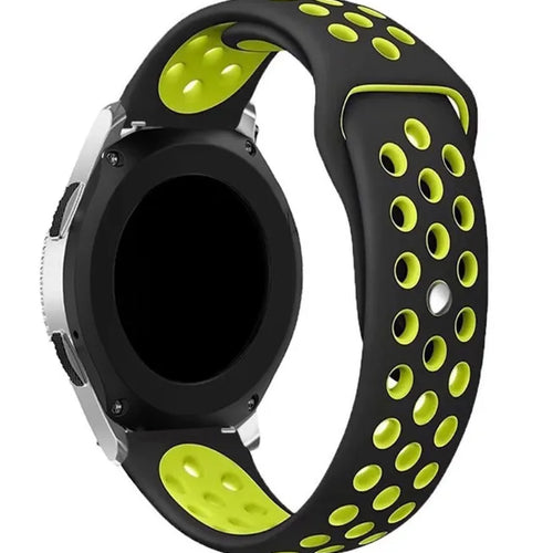 Silicone Sport Strap, black/yellow, on a watch, 3/4 rear view
