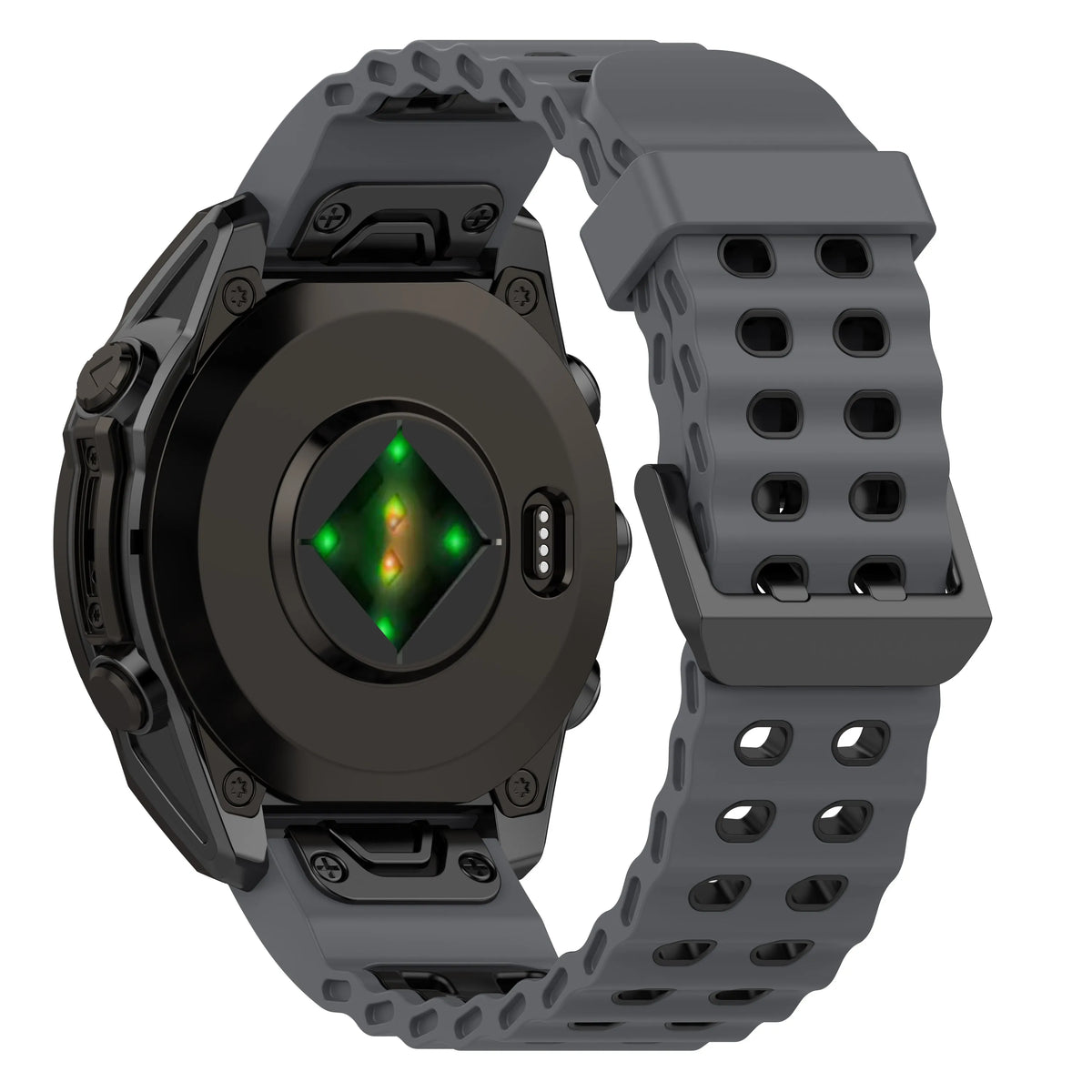 Silicone Wave Sport Strap, dark grey/black, on a watch, 3/4 rear view
