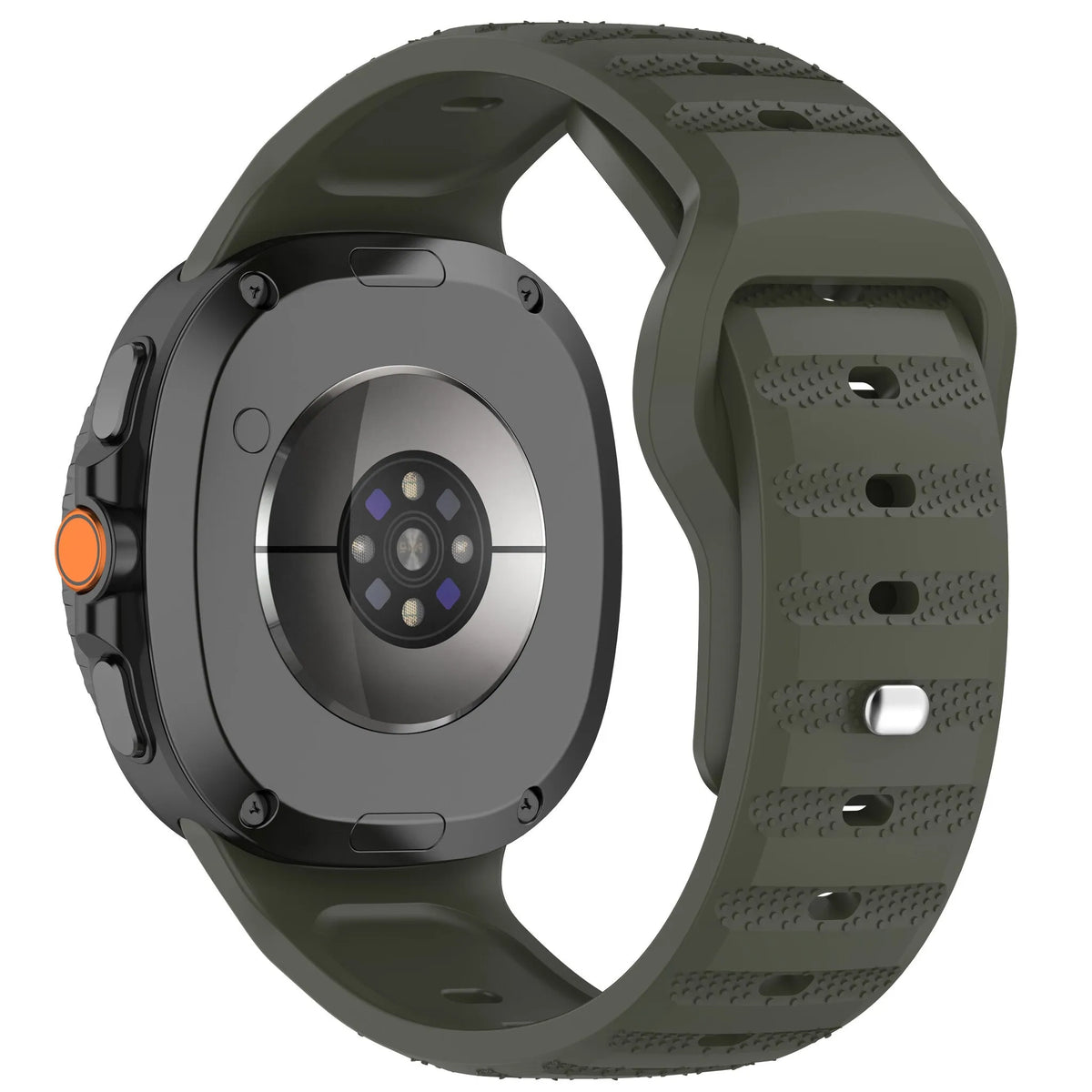 Outdoor Silicone Strap, dark green, on a watch, 3/4 rear view