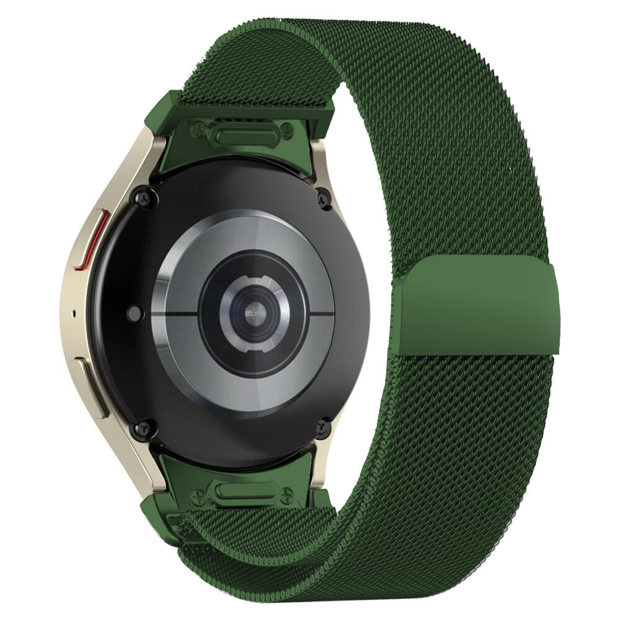 Milanese Strap 'One Push', green, on a watch, 3/4 rear view