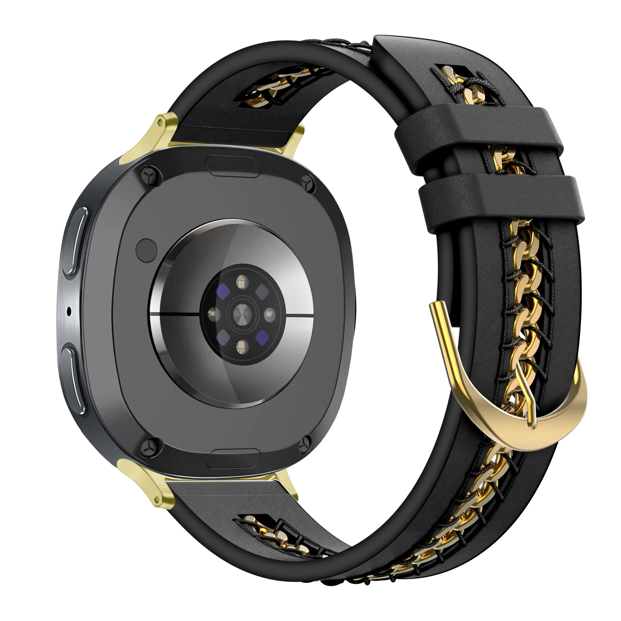 Leather Strap 'Chains', black, on a watch, 3/4 rear view