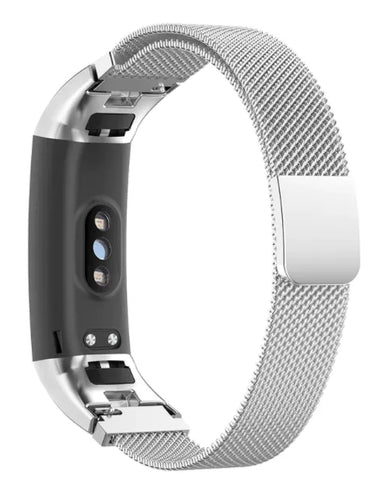 Milanese Strap, silver, on a watch, 3/4 rear view