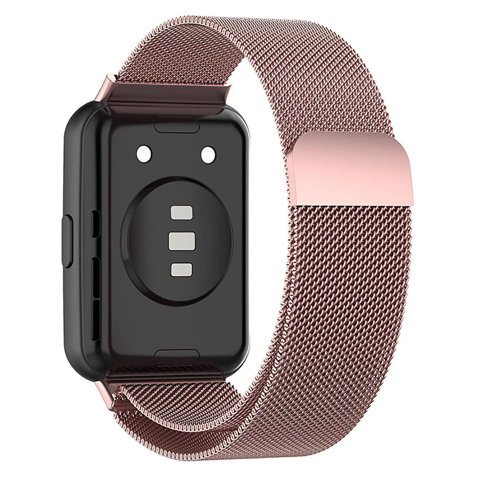 Milanese Strap, pink, on a watch, 3/4 rear view