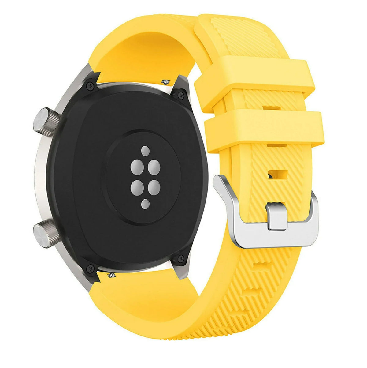 Twill Silicone Strap, yellow, on a watch, 3/4 rear view