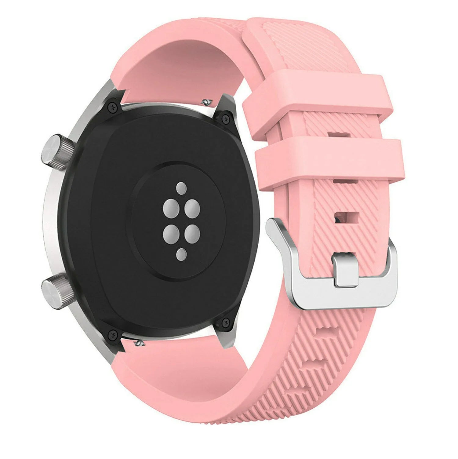 Twill Silicone Strap, pink, on a watch, 3/4 rear view