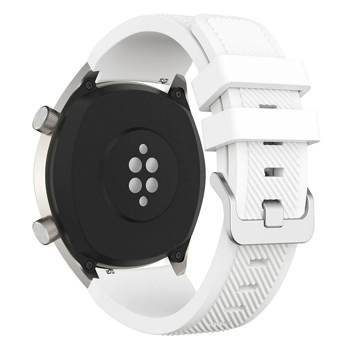 Twill Silicone Strap, white, on a watch, 3/4 rear view