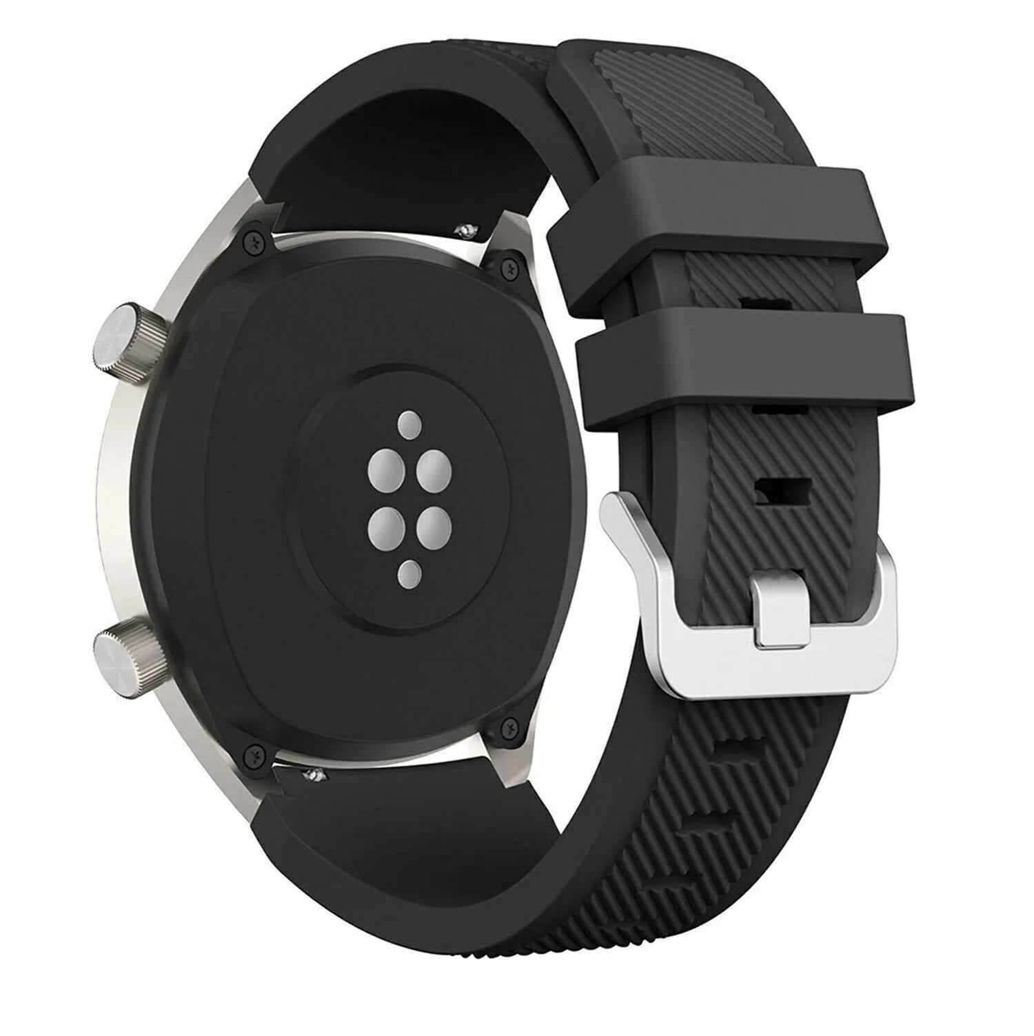 Twill Silicone Strap, black, on a watch, 3/4 rear view