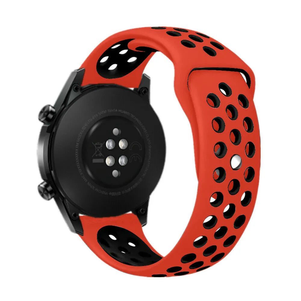 Silicone Sport Strap, red/black, on a watch, 3/4 rear view