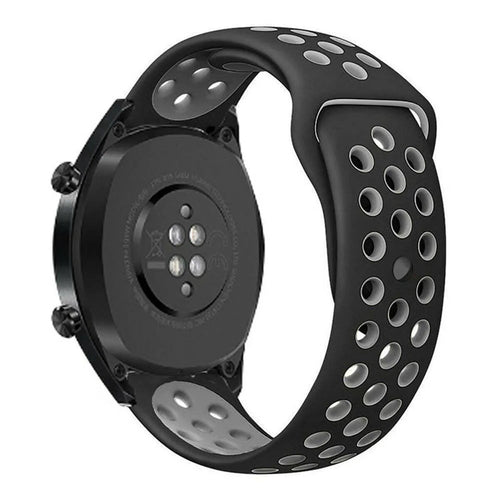 Silicone Sport Strap, black/grey, on a watch, 3/4 rear view