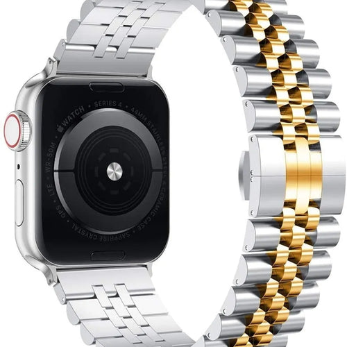 Jubilee Steel Strap, silver/gold, on a watch, 3/4 rear view