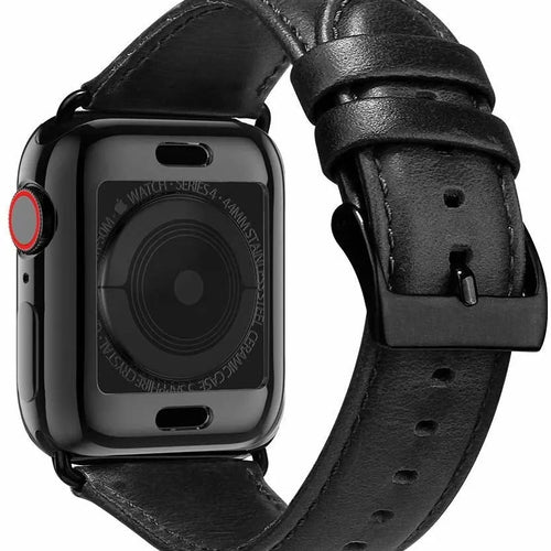 Leather Strap, black, on a watch, 3/4 rear view