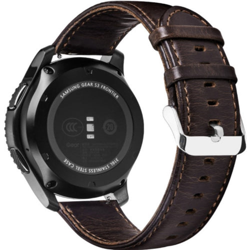 Leather Strap, dark brown, on a watch, 3/4 rear view