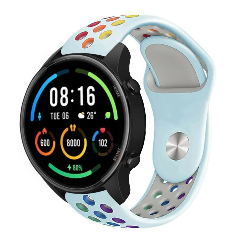 Silicone Sport Strap, light blue/colourful, on a watch, 3/4 rear view